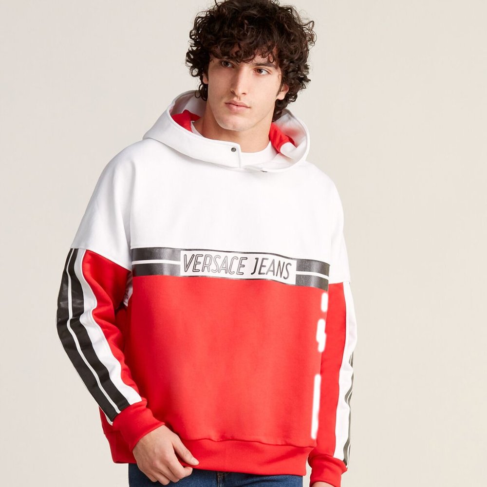 VERSACE JEANS COLOR BLOCK FLEECE PULLOVER HOODIE